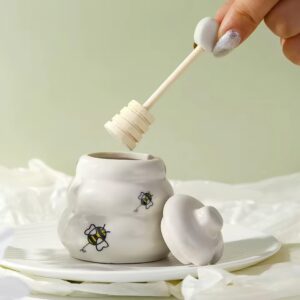 Sweet as Can Bee Ceramic Mini Honey Pot with Wooden Honey Dipper , Honey Jar, Bee Decor, White/Yellow